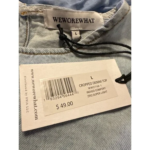 WeWoreWhat Cropped Denim Top Flare Cuffs & Elastic Waist Super Light Indigo L - Picture 3 of 3